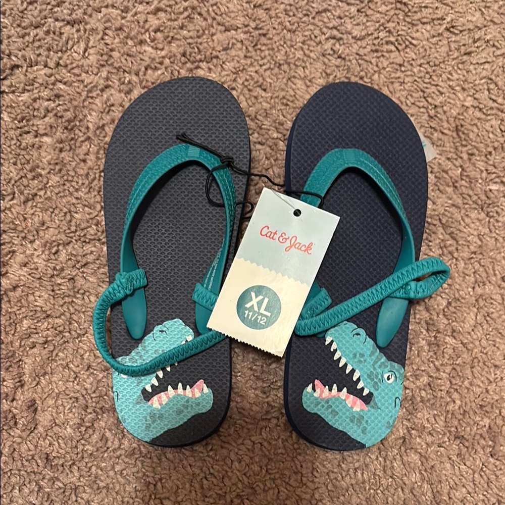NEW Cat & Jack Kids Dinosaur Flip Flops - Teal and Navy